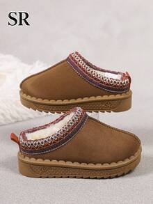 1 Pair Children's Winter Thick Warm Home Slippers, Embroidered Fashion Slippers, Daily Home Versatile Casual Shoes - Brown - View 6