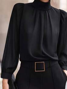 Elegant Women's High Neck Professional Long Sleeve Pullover Blouse, Solid Color Button Front Commuter Wear, Autumn/Winter Black - Black - View 4