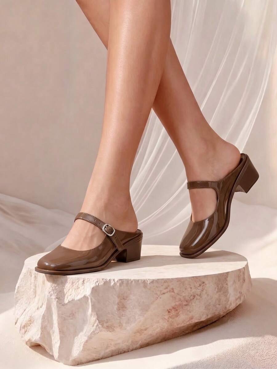 Retro Brown Mary Jane Mule Shoes, Square Toe Low Heel Slip-On Comfortable Heeled Sandals For Work, Daily Commute And Casual Wear - Brown - View 1