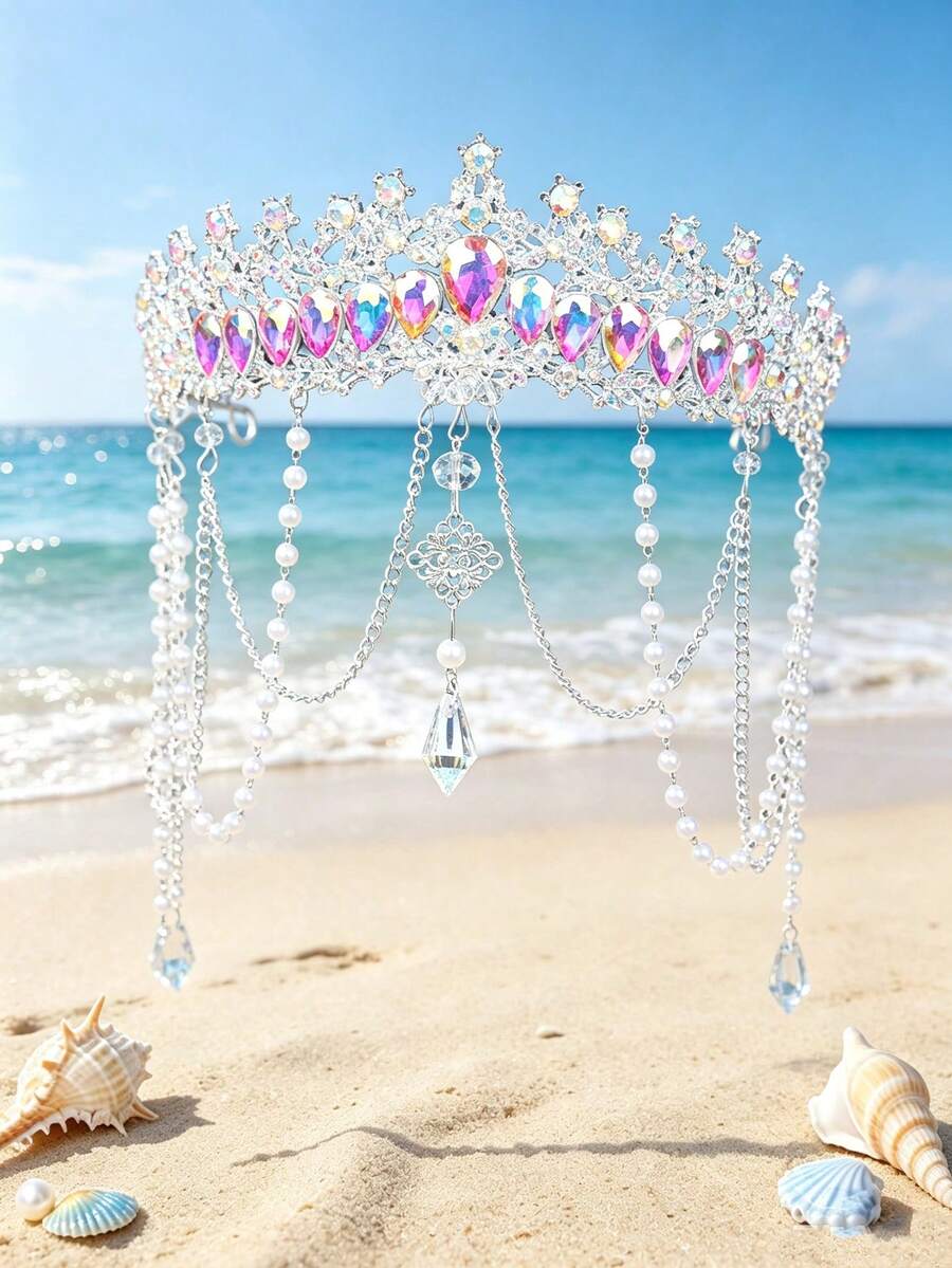 1件美人魚貝殼皇冠流蘇頭飾,新娘水晶珍珠髮冠,海洋主題婚禮女性髮飾,海灘婚禮派對髮飾珠寶 - 銀彩色 - 查看 1