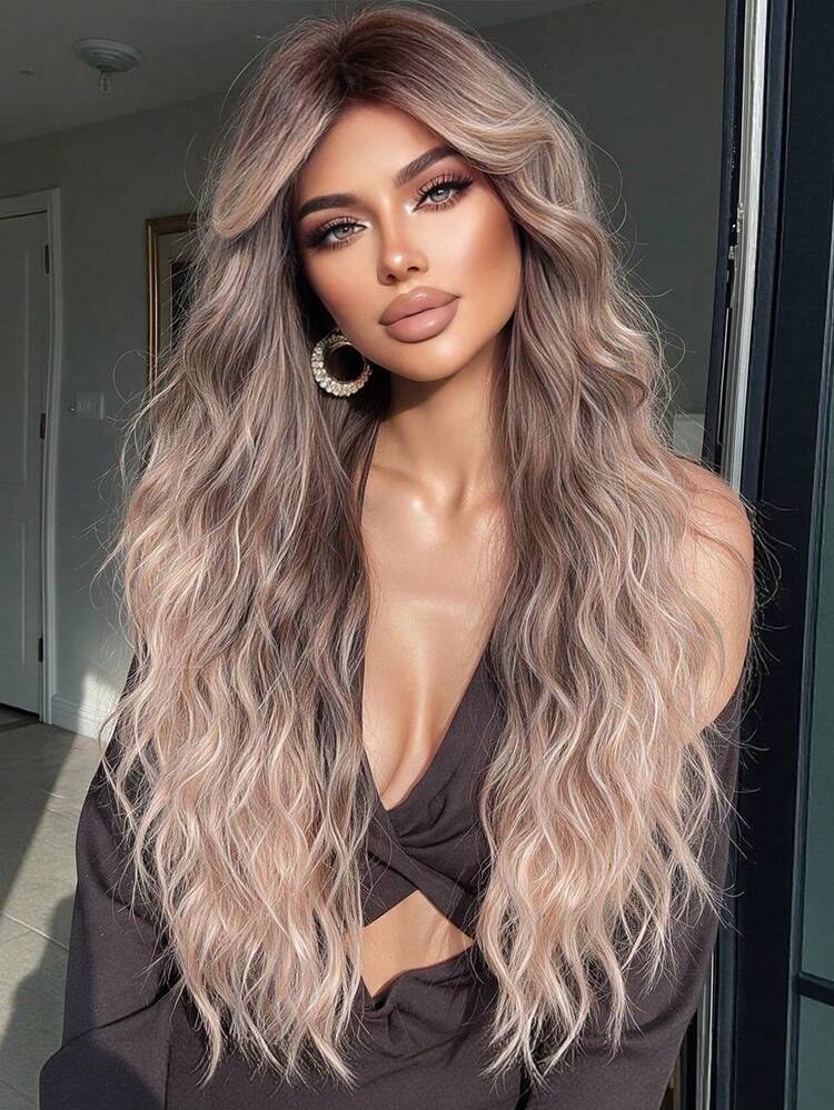 28 Inch Gradient Grey Gold Long Wavy Synthetic Wig, Natural Hairline, Heat Resistant, Tangle-Free, Suitable For Women's Daily Wear, Dates And Halloween Parties - Blonde Ombre - View 11