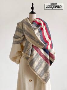 1pc Faux Cashmere Elegant Design Striped Jacquard Warm Scarf For Women, Air Conditioning Room Blanket, Autumn/Winter Outdoor Travel Cold Protection Neck Warmer Decorative Scarf Shawl Dual-Use, Suitable For Daily Matching, First Choice For Gift Giving - Light Grey - View 1