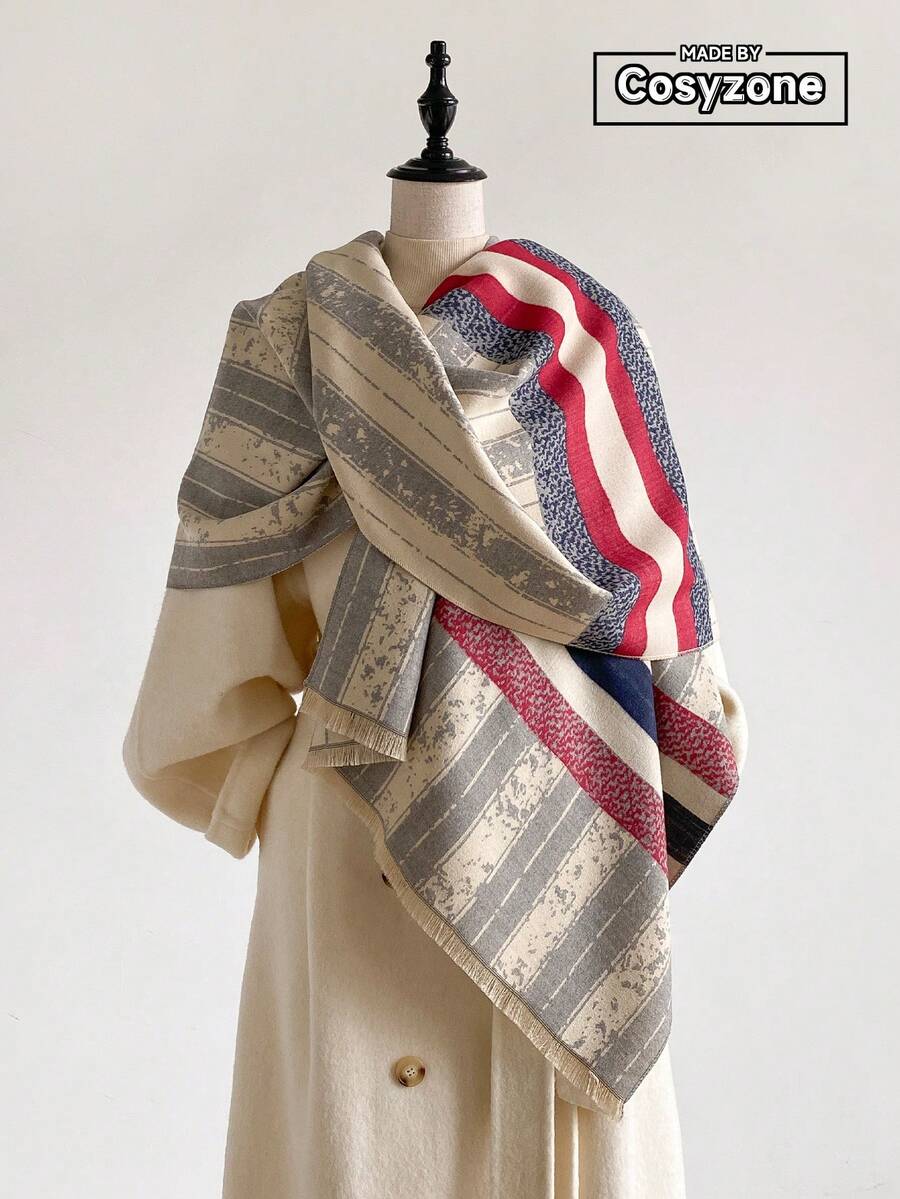 1pc Faux Cashmere Elegant Design Striped Jacquard Warm Scarf For Women, Air Conditioning Room Blanket, Autumn/Winter Outdoor Travel Cold Protection Neck Warmer Decorative Scarf Shawl Dual-Use, Suitable For Daily Matching, First Choice For Gift Giving - Light Grey - View 1