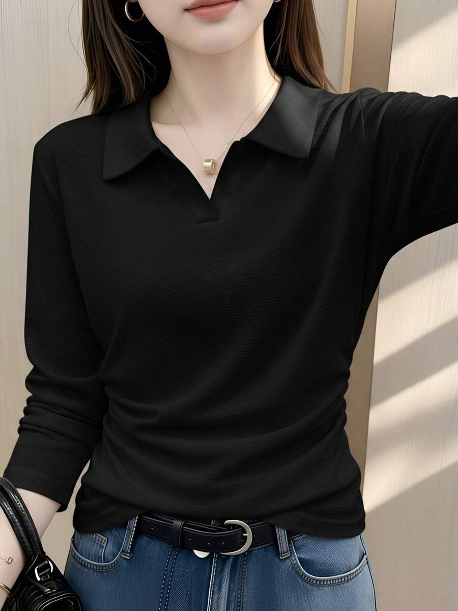 Polo Collar Ruched Long Sleeve T-Shirt, Spring/Autumn Slim Fit Flattering Versatile Turn-Down Collar V-Neck Sexy Top Casual Black - Black - View 1