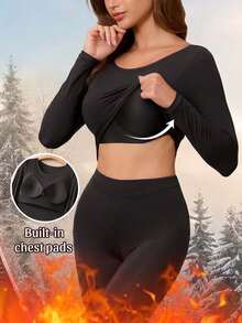 1 Set Women's Autumn/Winter Skin-Care Base Layer, 2-In-1 With Built-In Padding, Comfortable Minimalist Slimming Thermal Underwear Set - Black - View 2