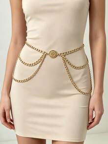 1pc Women's Minimalist Multi-Layer Round Pendant Waist Chain, Elegant Versatile Dress Belt, Daily And Party Accessory - Gold - View 3
