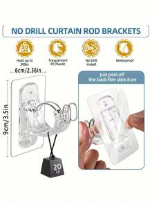 4pcs No-Drill Curtain Rod Brackets - Adjustable Size - Self-Adhesive Hooks Suitable For Bathroom, Bedroom, Kitchen, Renters - Easy Install Curtain Rod Brackets - No-Drill Curtain Rod Brackets - Curtain Installation Hardware - Transparent - View 3