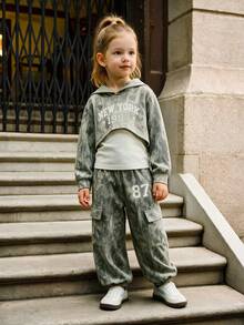 Girls Tie-Dye 3 Pieces Set, Short Hooded Sweatshirt Cover-Up + Solid Color Inner Tank Top + Digital Print Cargo Jogger Pants, Children's American Casual Outfit - Grey - View 2