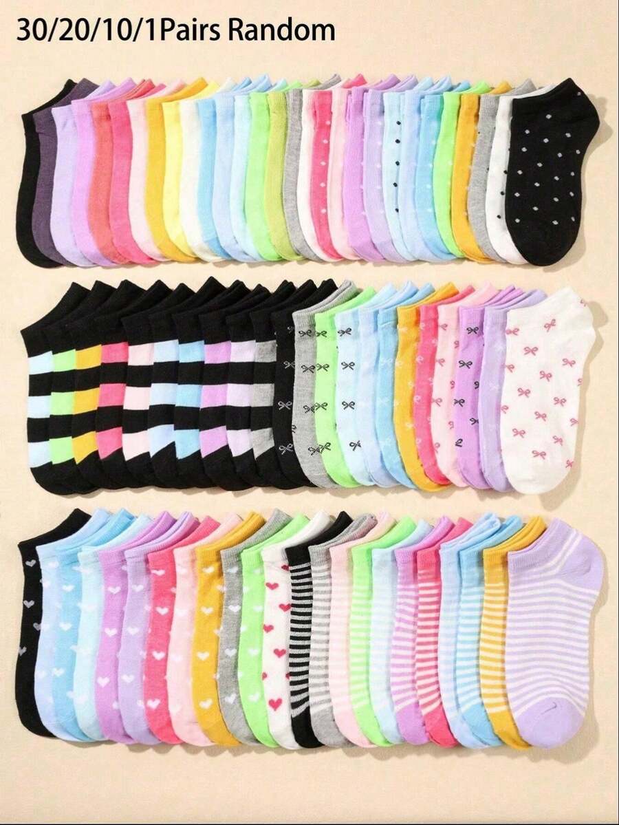 30 Pairs Women's Short Socks: Candy Color, Lace Bow, Heart Pattern, Striped Design, Soft And Comfortable, Casual And Versatile, Suitable For Students' Daily Wear, Can Be Randomly Matched With Different Styles And Colors - Multicolor - View 1
