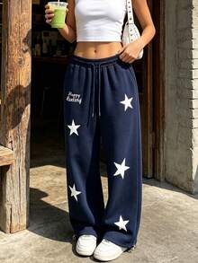 Women's Star Print Drawstring Pocket Sweatpants, Casual Loungewear Pants, Suitable For Running, Cycling, Fitness, Travel, All-Season Loose Fit - Navy Blue - View 4