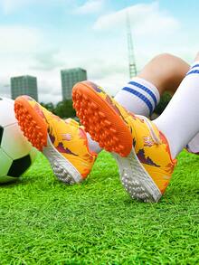 Kids Hook & Loop TF Studded Soccer Shoes, Splatter Color Block Graffiti Design, Non-Slip Training Sports Shoes For Boys & Girls - Orange - View 2