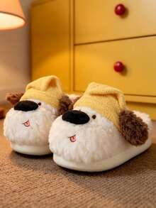 女款可愛3D小狗睡眠帽居家拖鞋，春秋冬季室內休閒平底拖鞋，防滑保暖軟底，舒適輕便，適合女生與學生 - 白色 - 查看 3
