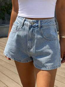 Teen Girl Washed Denim Shorts, Simple Versatile Design With Elastic Waistband, Suitable For Daily Wear Or School - Light Wash - View 2