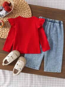 2pcs Baby Girl Sweet Cute Cherry Embroidery Flutter Sleeve Round Neck Top & Matching Embroidery Elastic Waist Denim Long Pants Set, Spring/Autumn - Red - View 2