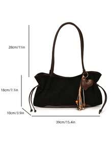 FEISTURE 1pc Suede Pleated Shoulder Bag, Fashion Contrast Color Large Capacity Shoulder Bag With Pendant, Suitable For Girls, Women, College Students, Office Newcomers And White-Collar Workers, Perfect For Work, Business, Commute, School - Black - View 4