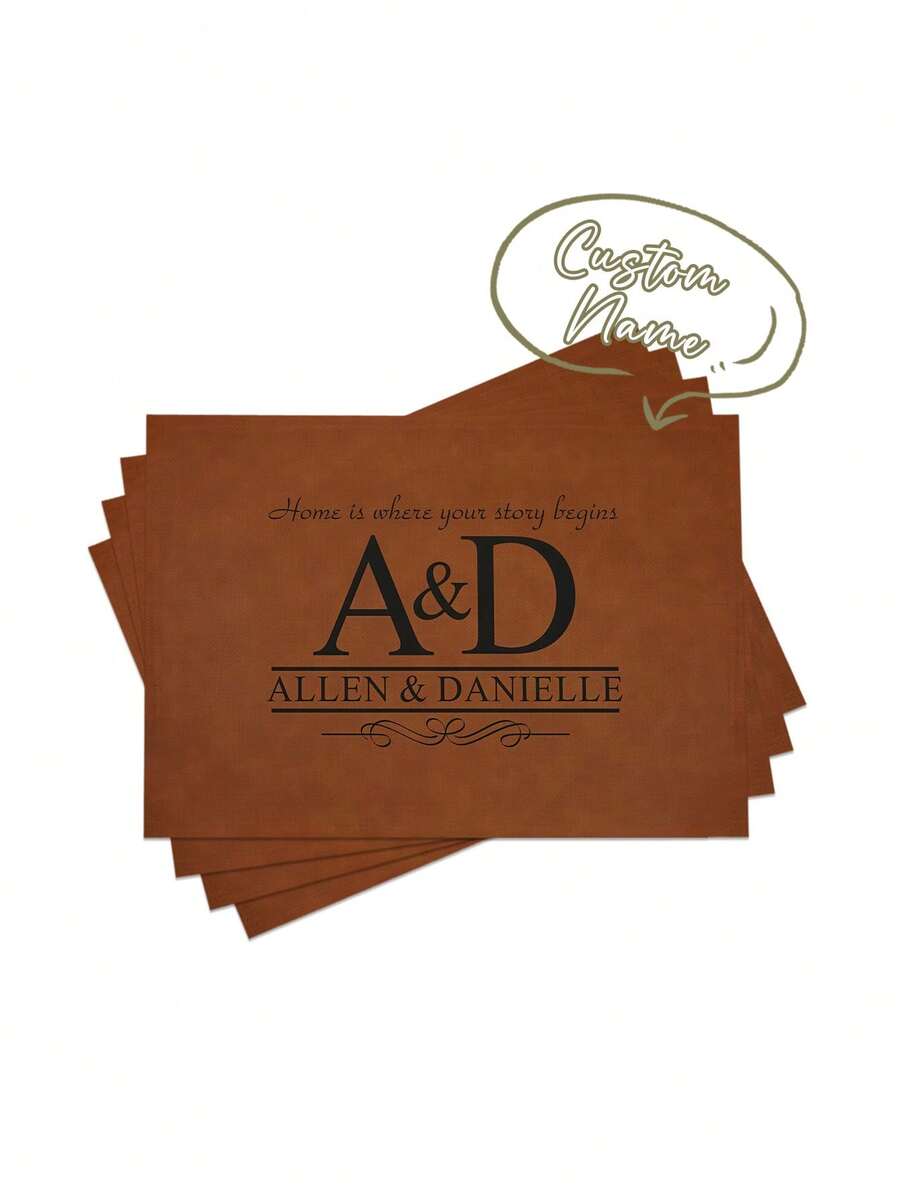 1pc Faux Linen Custom Name/Initials Printed Placemat, Vintage Brown Textured Letter & Slogan Print Heat-Resistant Table Mat, Home Tabletop Decor, Suitable For Housewarming, Wedding Anniversary, Family Gathering, Banquet Setup, Waterproof, Heat-Resistant, Easy To Clean, Exclusive Commemorative Gift For New Home And Newlyweds - Multicolor - View 1