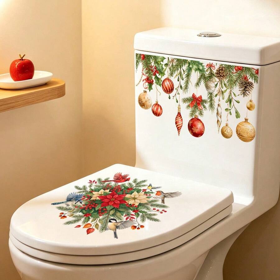 1/3pcs Christmas Flower Toilet Cover Sticker, Featuring A Cardinal Pine Design, Vinyl Removable Self-Adhesive Paper, Suitable For Decoration Of Toilet Covers, Storage Cabinets And Washbasins In Bathrooms - Multicolor - View 1