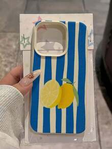 1pc Blue & White Vertical Stripe Lemon Print Phone Case, Faux Leather Texture TPU Protective Cover, Anti-Drop Anti-Scratch Lightweight Phone Shell, Summer Fresh Fruit Pattern Phone Case, Compatible With 16 Pro Max, 16, 16 Pro, 16 Plus, 14 Pro Max, 17, 17 Pro, 17 Pro Max, Romantic Gift For Girlfriend, Cute Daily Gift - White - View 1