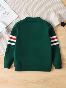 Boys' Academy Style Colorblock Striped Half-Zip Stand Collar Pullover Sweater, Suitable For School, Spring, Autumn, Winter - Green - View 2