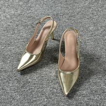2026 New Fashion Solid Color Sexy PU Leather Buckle Glossy Elegant Thin High Heel Pointed Toe Shallow Backless Pumps For All Seasons And Holidays - Gold - View 6