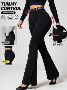 Women's Seamless Letter Split Hem Side Split Hem Workout Yoga Gymnastics Outdoor Leggings Flared Pants - Black - View 1