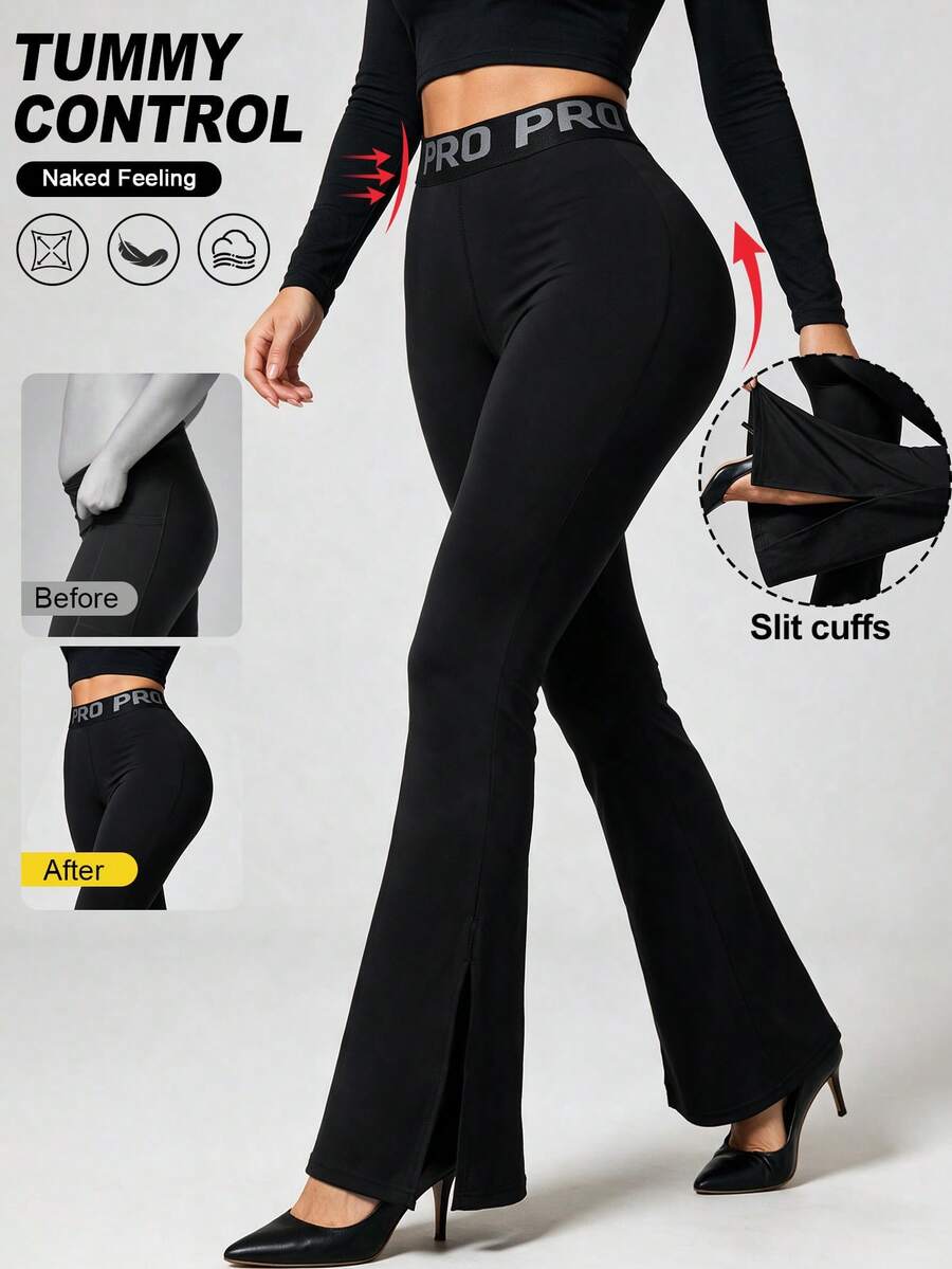 Women's Seamless Letter Split Hem Side Split Hem Workout Yoga Gymnastics Outdoor Leggings Flared Pants - Black - View 1