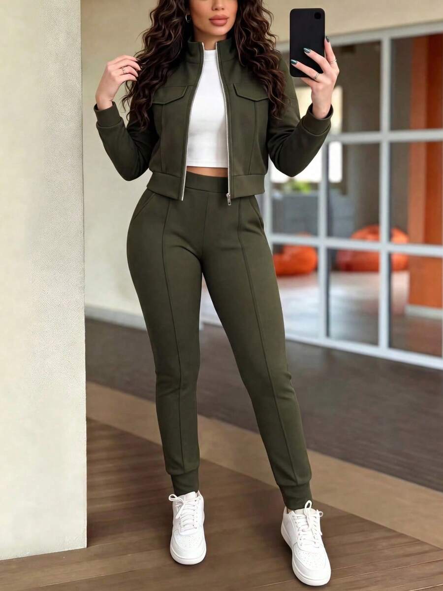 2pcs Women Set In Spring/Autumn/Winter, Minimal Solid Color Versatile Zip Up Short Jacket Tops With Elastic Waist Pocket Skinny Pants Casual Elegant - Army Green - View 1