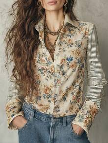 Women's Floral Print Shirt Collar Long Sleeve Blouse With Striped Colorblock Design, Suitable For Autumn Daily And Commute Wear - Multicolor - View 2