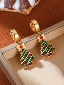 1 par de pendientes colgantes tipo huggie con árbol de Navidad, pendientes de aro colgantes de esmalte colorido navideño, joyería de fiesta festiva chapada en oro, regalos para mujeres - Árbol de Navidad pequeño con gotas de aceite - Ver 1
