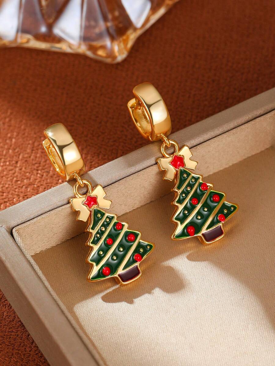 1 par de pendientes colgantes tipo huggie con árbol de Navidad, pendientes de aro colgantes de esmalte colorido navideño, joyería de fiesta festiva chapada en oro, regalos para mujeres - Árbol de Navidad pequeño con gotas de aceite - Ver 1
