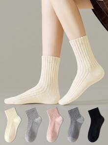 ZUJO 5 Pairs Women's Mid-Calf Socks, 3D Cable Knit Long Socks, Comfortable Breathable Warm, Suitable For Spring Autumn Winter Sports And Daily Wear - Multicolor - View 3