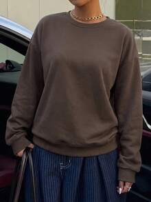 女款棕色寬鬆圓領長袖運動衫，適合日常穿著，羅紋針織套頭衫，打造街頭時尚造型，秋季召喚 - 棕色 - 查看 3