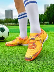 Kids Hook & Loop TF Studded Soccer Shoes, Splatter Color Block Graffiti Design, Non-Slip Training Sports Shoes For Boys & Girls - Orange - View 5