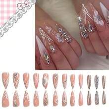 24/12pcs Long Water Drop Shaped Press-On Nails, Shiny Rhinestone Gradient Floral Pattern, Sweet Cool European Style Nail Stickers, Suitable For Women - Multicolor - View 6
