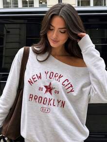 Y2K Grey Asymmetric Neck Red Vintage Letter Print Sweatshirt For Women, Loose Fit Long Sleeve, Casual Commute Back To School Outfit For Autumn - Grey - View 1