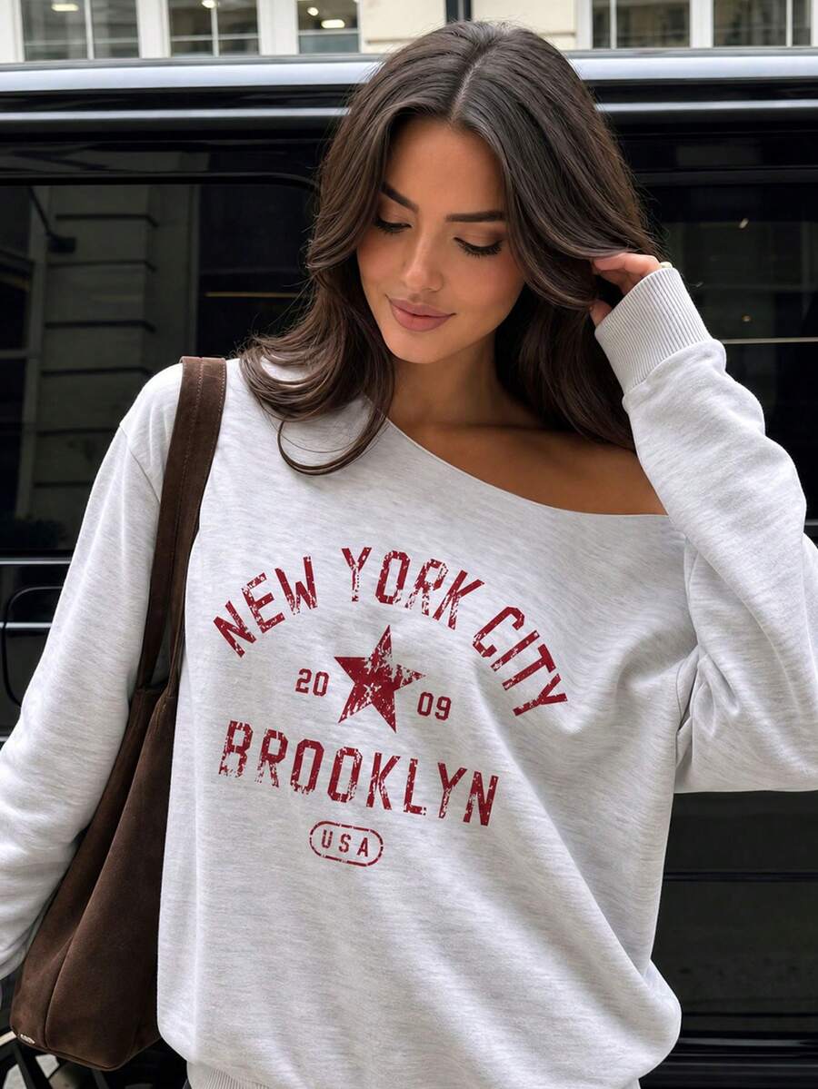 Y2K Grey Asymmetric Neck Red Vintage Letter Print Sweatshirt For Women, Loose Fit Long Sleeve, Casual Commute Back To School Outfit For Autumn - Grey - View 1
