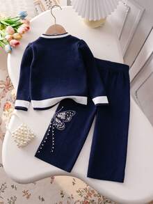 2pcs/Set 1pc Sweater Rajut Manik-Manik Kupu-Kupu Elegan untuk Anak Perempuan dan 1pc Celana Rajut Manik-Manik Kupu-Kupu, Cocok untuk Pakaian Kasual Sehari-hari di Musim Semi, Musim Gugur dan Musim Dingin - Navy Blue - View 2