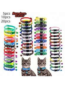 5pcs/10pcs/20pcs Random Color Polyester Cat Collar With Reflective Paw Print Pattern And Crisp Bell, Adjustable Size, Suitable For Cats And Dogs Neck Wear - Multicolor - View 1