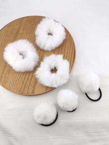 6pcs/Pack Women's 6cm White Pom Pom Hair Scrunchies For Daily Use - Black and White - View 6
