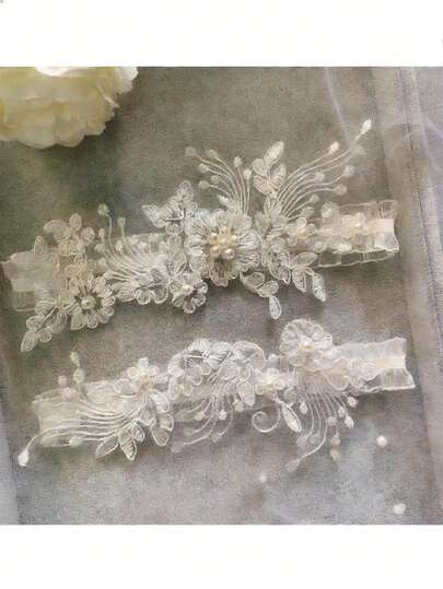 Bridal Lace Garter With Faux Pearl Decoration, French Romantic Fashion Delicate (Lace Material Has Front And Back Sides, Randomly Sent)
