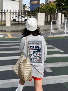 Women's Spring/Autumn Loose Fit Versatile Round Neck Fashion Casual Letter & Cartoon Print Long Sleeve T-Shirt - Light Gray - View 5