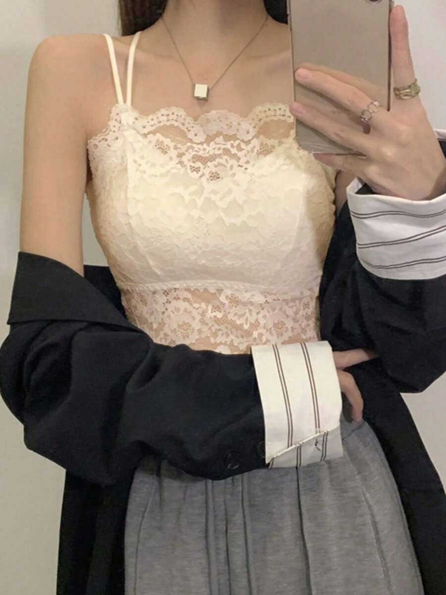 女士蕾丝吊带背心，纯色，夏季休闲款 - 淺杏色 - 查看 1