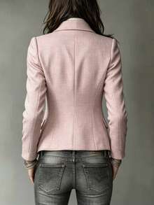 Pink Tweed Double-Breasted Blazer, Lapel Slim Fit Cropped Jacket, Women's Elegant Commuter Coat - Pink - View 4