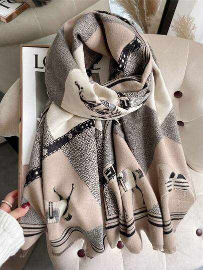 1pc Women's Autumn/Winter Double-Sided Faux Cashmere Small Horse Jacquard Fashion Versatile Air Conditioning Shawl Thick Warm Scarf
