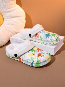 1 Pair Boys Thermal Lined Warm Casual Indoor Dinosaur Print Clogs Suitable For Winter - White - View 5