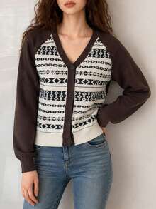 Sweater Rajut Cardigan Leher V Kasual Minimalis Klasik Bermotif Vintage untuk Wanita Musim Gugur/Dingin - Coffee Brown - View 1