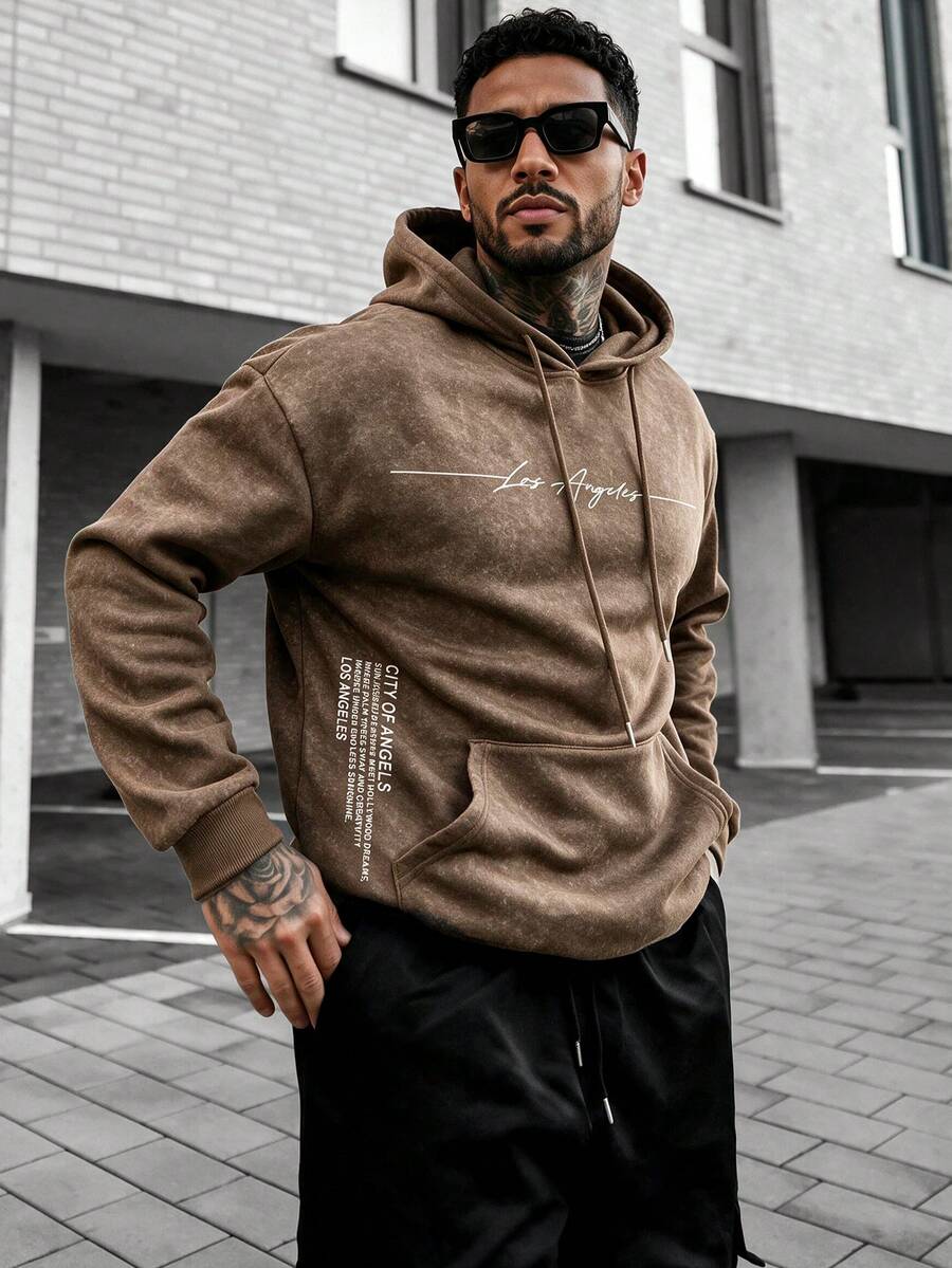 Street Style Sweatshirt With Los Angeles English Print, Loose Fit Drop Shoulder Pullover - Brown - View 1