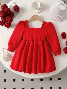 Galaxy Graffiti 4-7 Years Old Girls Dress, Square Neck Puff Sleeve Ribbon Bow, Vintage Sweet Princess Style, Suitable For Christmas New Year Birthday Holiday - Red - View 3