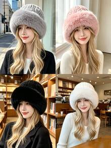 1pc Women's Autumn/Winter Luxury Plush Bucket Hat - Thick Fluffy Warm Ear Protection Mongolian Style Hat, With Ear Flaps To Make Face Look Smaller, Lightweight Elastic Polyester, Machine Washable - Multicolor - View 2