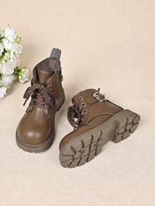 Sepatu bot hitam manis dan keren untuk anak perempuan dengan hiasan renda, emblem, sol tebal, anti selip, dan resleting samping. - Khaki - View 6